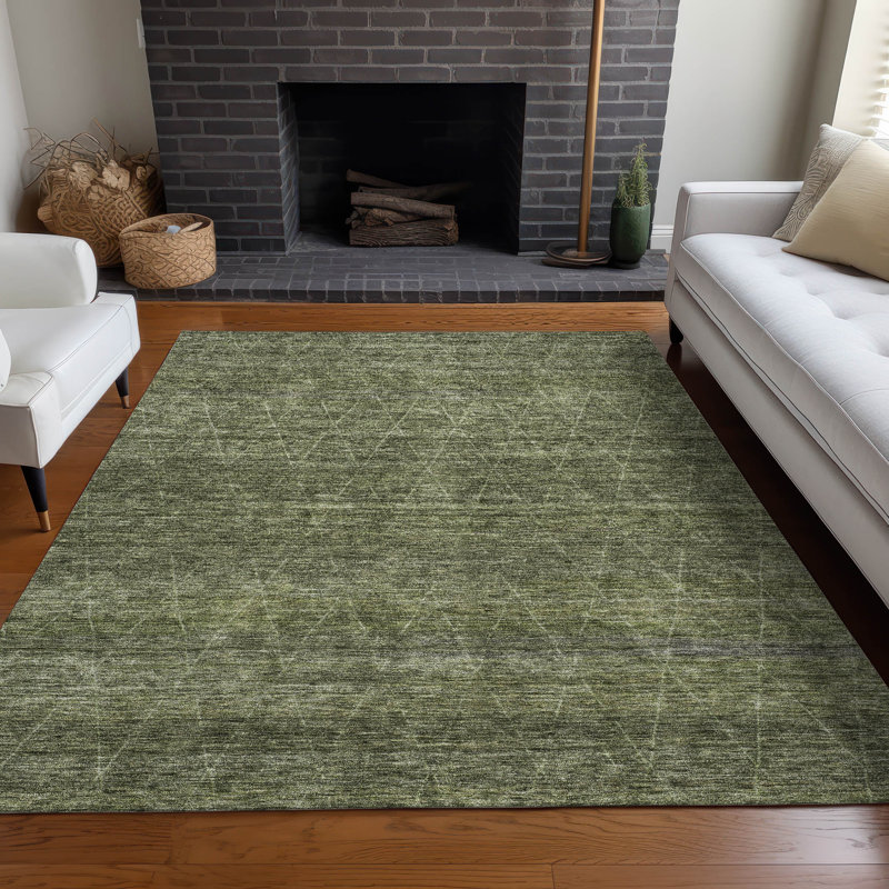 Olive Green Synthetic Rectangular Washable Indoor/Outdoor Rug