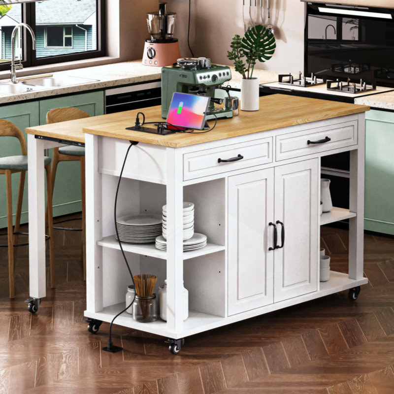 Îlot de cuisine avec table de salle à manger extensible, table de cuisine en placage de bois d'hévéa avec support de rangement interne, prise de courant, îlot de cuisine avec rangement 2 tiroirs et 2 armoires
