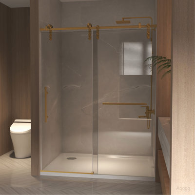 56-60" x 76" H Frameless Sliding Shower Door, 5/16" (8mm) Clear Tempered Glass, Stainless Steel Frame,Brushed Gold