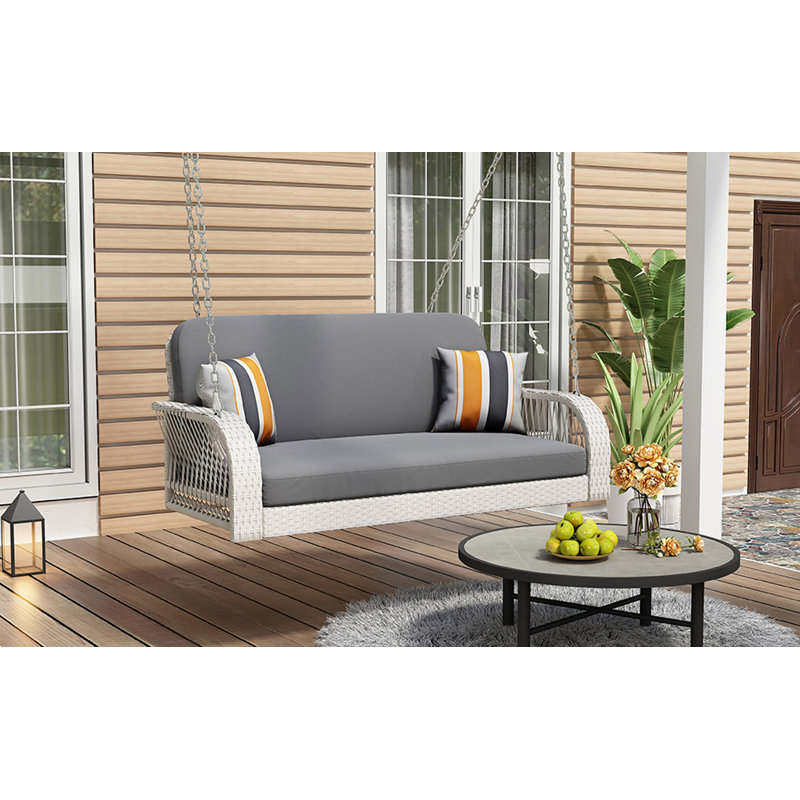 Winston Porter GO PE Wicker Porch Swing, 2-Seater Hanging Bench With Chains, Patio Furniture Swing For Backyard Garden Poolside