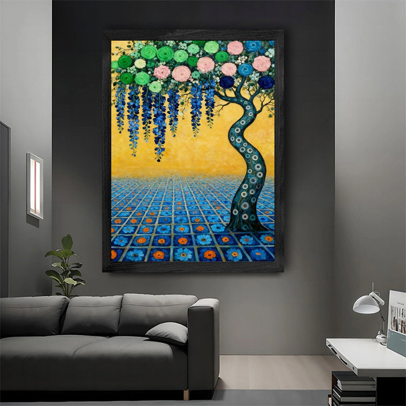 Art mural de style arbre floral noir encadré de style Gustav Klimt, H 25 po x l 17 po