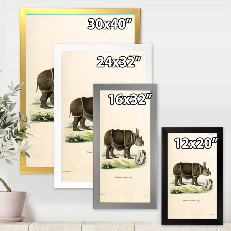 Rhinocéros rétro - peinture sur toile, H 32 po x l 16 po x P 1 po, Cadre photo blanc