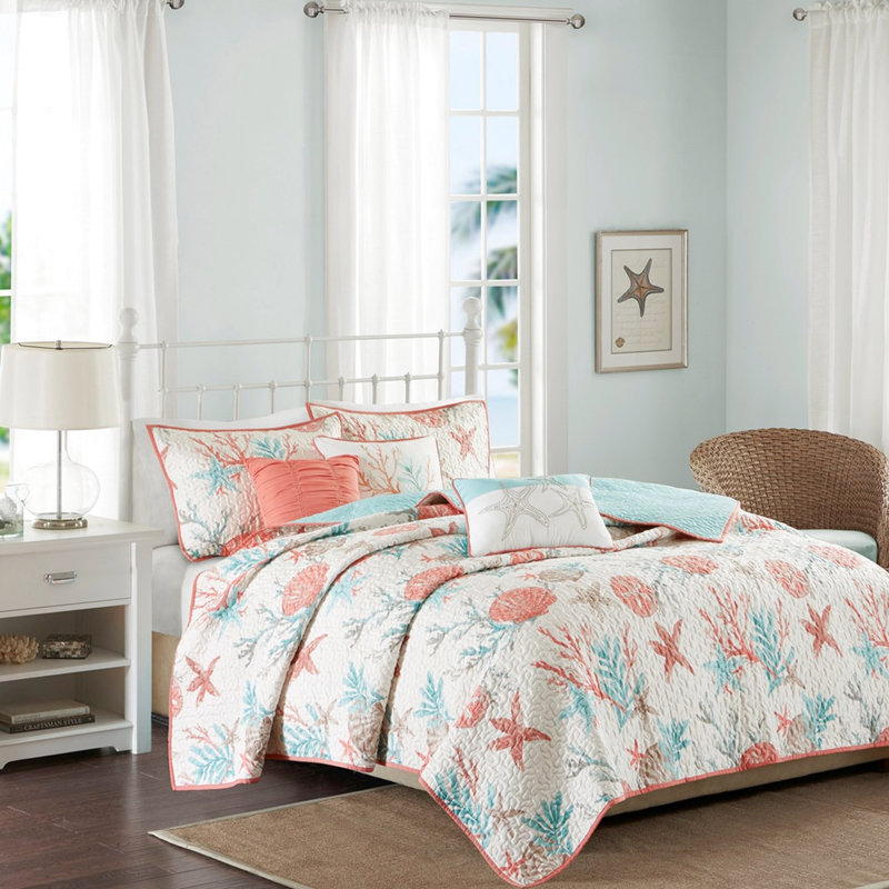 Courtepointe en coton - Corail très grand / très grand, coussins décoratifs brodés et coquillages imprimés, étoile de mer, corail 6 pièces avec pour un espace de chambre confortable