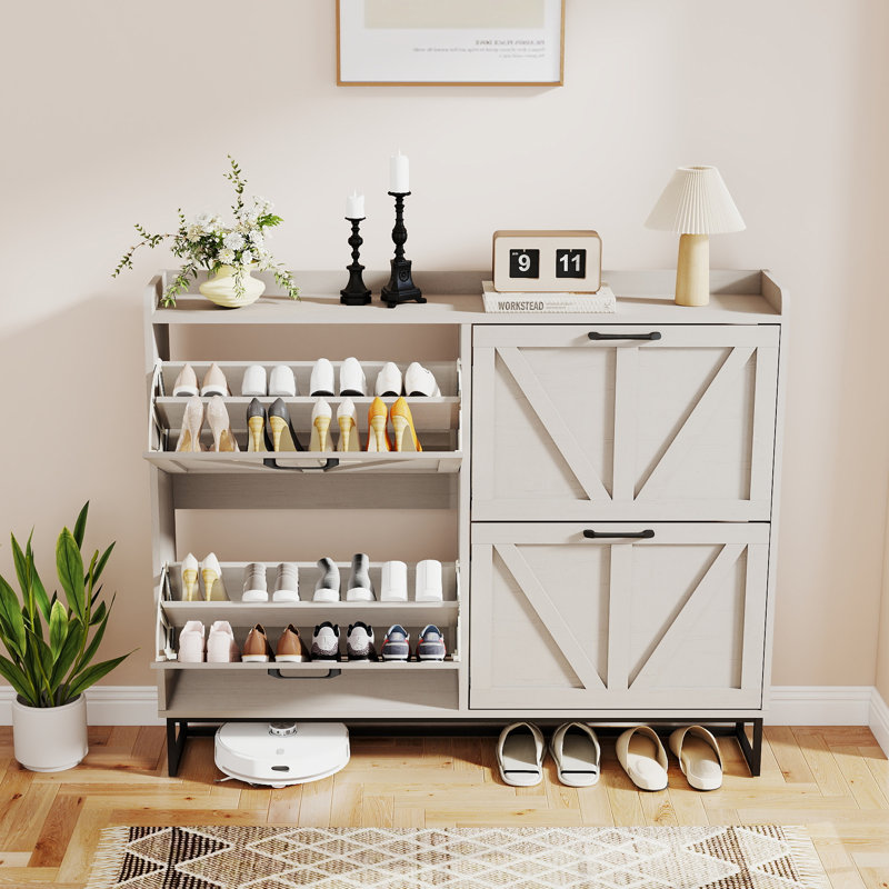 Armoire de rangement pour chaussures 47,2 po avec 4 tiroirs rabattables, armoire à chaussures pour entrée, couloir, blanc vieilli