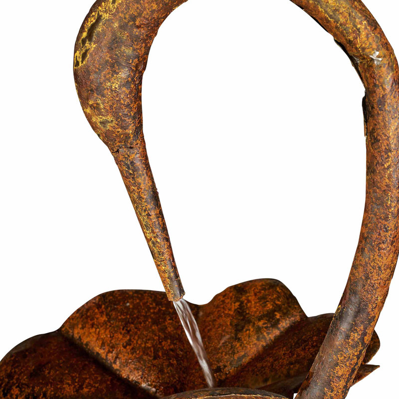 Rustic Metal Crane Fountain with Leaves in Galvanized Pail