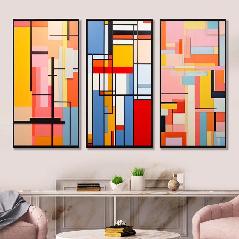 De Stijl, ensemble de 3 reproductions d'art sur toile pastel, Cadre flottant noir, H 28 po x l 36 po