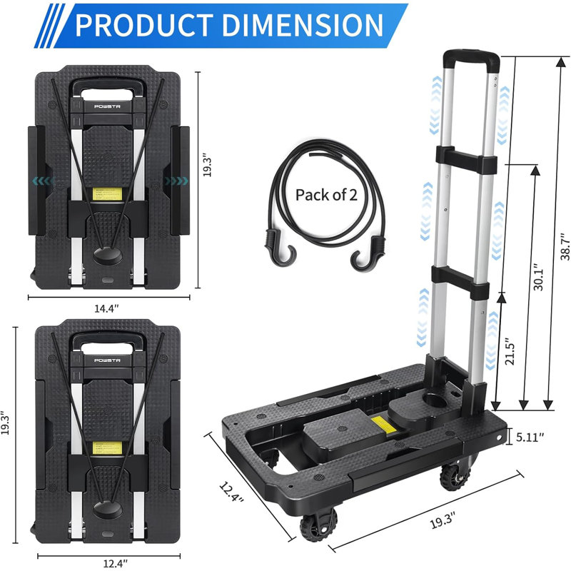 Folding Hand Truck Dolly Cart With Adjustable Handle And Brake Wheels - 290 Lbs Capacity