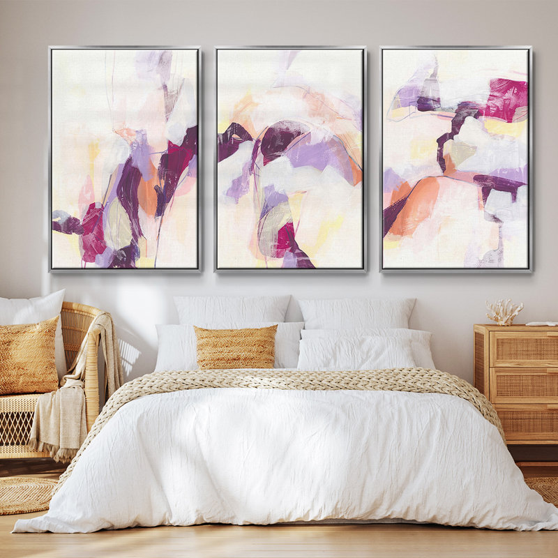 Ensemble de 3 cadres flottants sur toile polaire magenta I, Argent, H 36 po x l 72 po