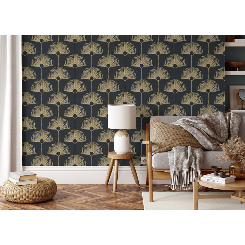 Deco Fan 10' L x 24" W Wallpaper Roll, Black Gold, PVC, Self-adhesive