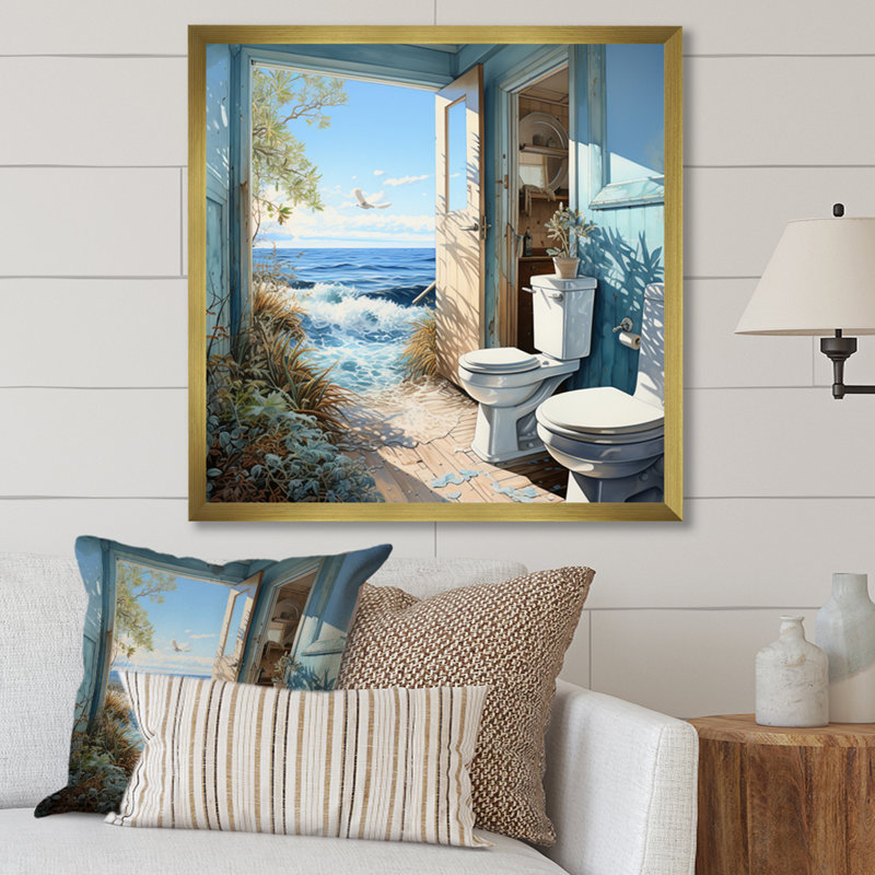 «Oceanic Escape Toilette Pointillism» - Imprimé, H 24 po x l 24 po x P 1 po, Encadrement doré