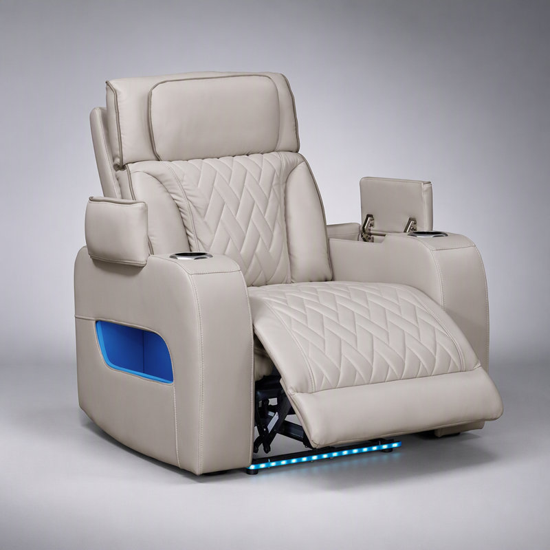 Fauteuil inclinable électrique en cuir blanc l 37 po avec repose-tête réglable, lumières DEL, ports USB et rangement Jazmina