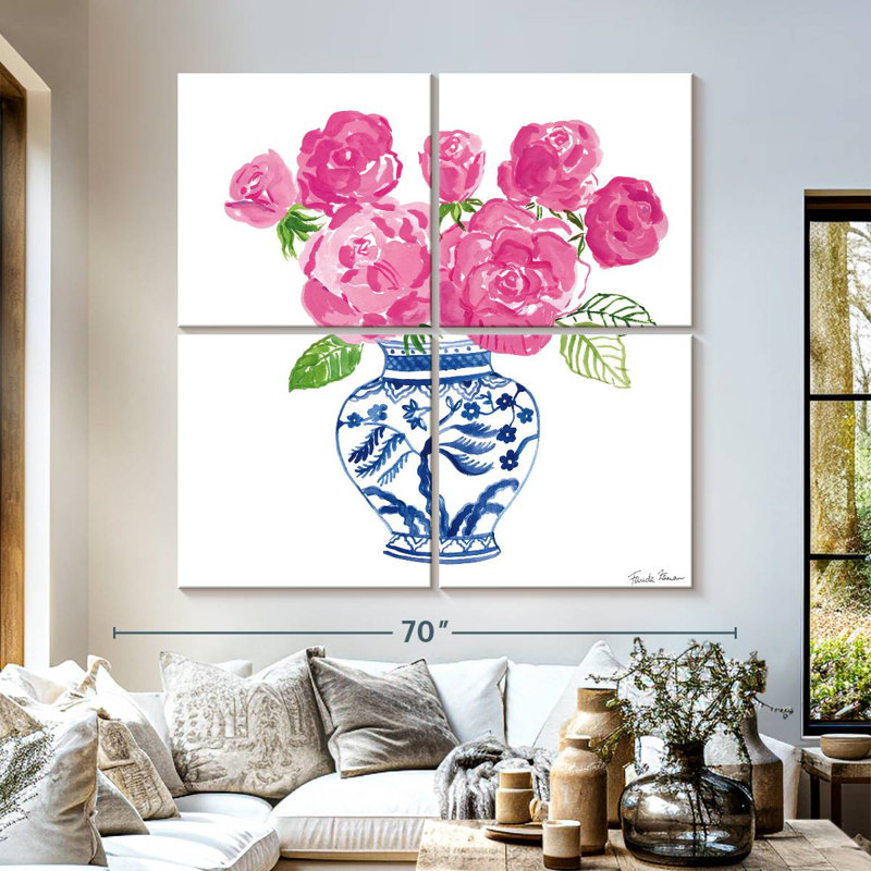 Harnek chinoiserie roses sur fond blanc I, H 57 po x l 57 po