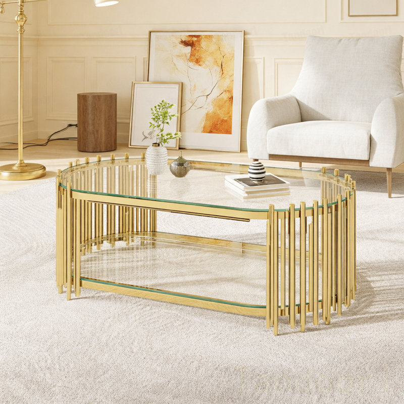 Table basse dorée avec tablettes en verre trempé à 2 niveaux, table de centre ovale pour le salon, structure en acier inoxydable poli