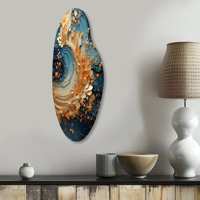 Golden Sapphire Surge I - Abstract Spirals Curved Metal Wall Art, Modern Asymmetrical Metal Art Print