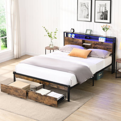 King Size Metal Platform Bed With Wooden Headboard, Charging Station, 2 Drawers, Led Lights, No Box Spring, Simple Setup, 89lb Package Weight Bed, Headboard And , Charging, Assembly