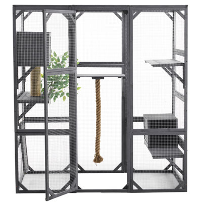 Maison pour chat d'extérieur, enclos pour chat bricolage, chat Catio avec portes à double entrée, parc pour chat avec l 62,8 po x l 32,2 po x H 68,5 po avec plateformes et deux condos pour 1 à 3 chats