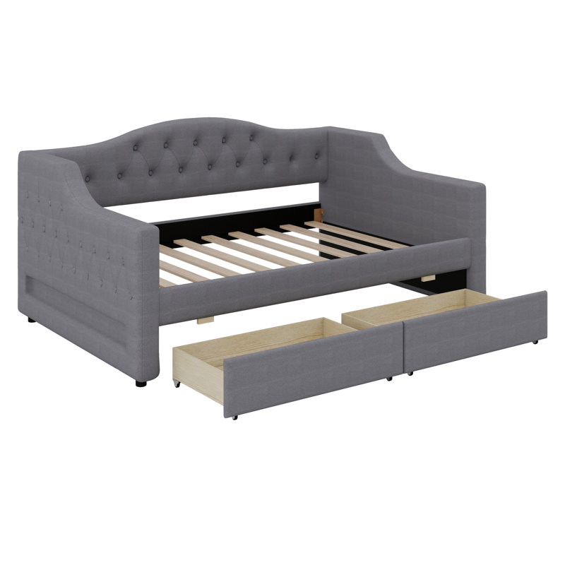 Comfortable Upholstered Daybed Frame, Intelligent LED Belt and Storage Drawers, Gray