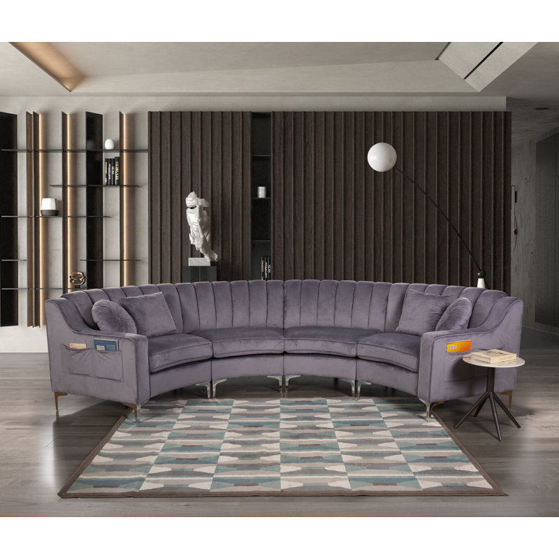 142" Wide Upholstered Tufted Velvet Symmetrical Modular Round-Shaped Curved Sofa, Gray Velvet