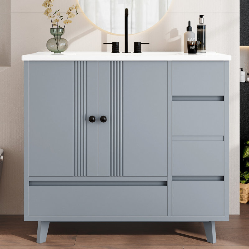 Meuble-lavabo de salle de bain avec lavabo, meuble-lavabo simple autoportant avec tiroirs et support de rangement latéral