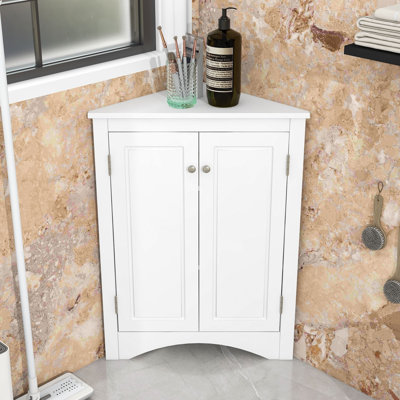 Armoire de rangement de coin de salle de bain autoportante en bois avec porte et tablettes réglables