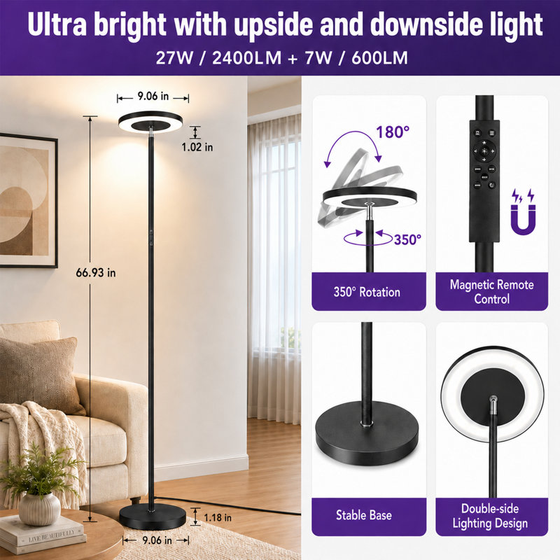 Lampe torchère DEL 68 po avec télécommande tactile et télécommande Jernell, Noir foncé