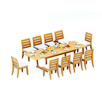 Ensemble de salle à manger 11 pièces en bois de teck de qualité A: table à double tréteaux à pieds à double rallonge de 118 po et chaises sans accoudoirs Atnas # 11AT2500