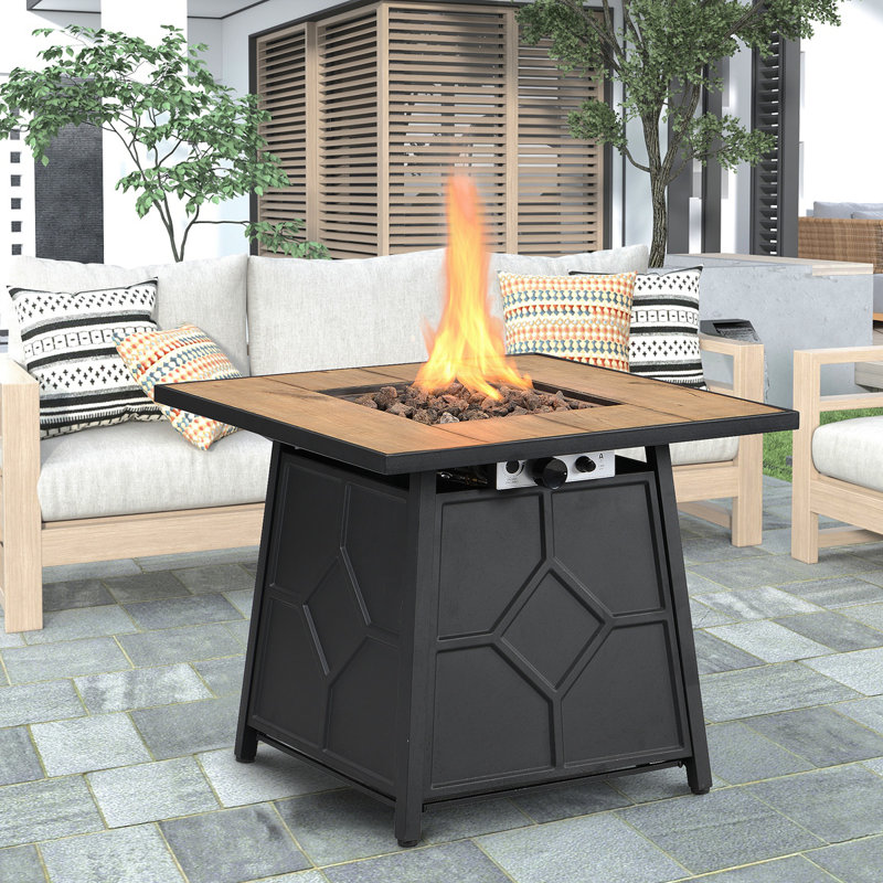 Fire Pit Table, 28-Inch Square 40,000 BTU Auto-Ignition Propane Gas Firepit With Waterproof Cover, Brown