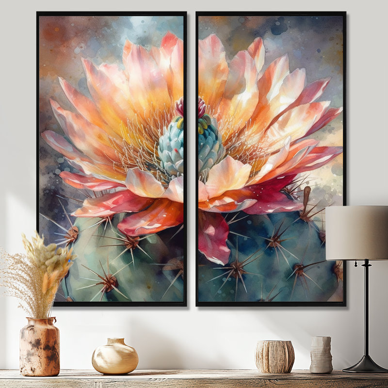 Tashay - Cactus floraux, impressions sur toile, H 20 po x l 24 po, Reproduction avec cadre flottant, Noir