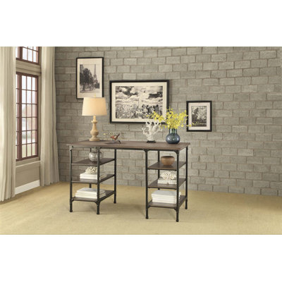 Modern Traditional Aesthetic Counter Height Writing Desk With 6 Shelves, Natural And Rustic Metal Finish