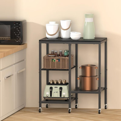 Chariot à micro-ondes avec roulettes, support de rangement à roulettes pour la cuisine à 4 niveaux, station de café et petit support pour appareils électroménagers, tablette de rangement utilitaire pour la cuisine et le salon (noir)