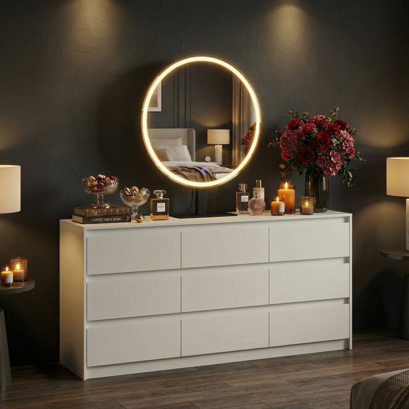 Commode blanche à 9 tiroirs avec miroir DEL (3 modes d'éclairage)