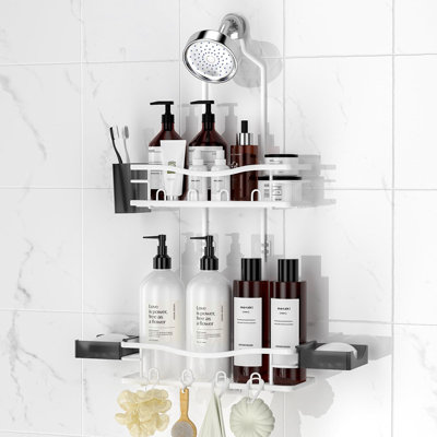 Panier de douche suspendu antirouille avec porte-savons, organisateur de douche blanc avec plusieurs crochets et porte-brosse à dents, sans perçage