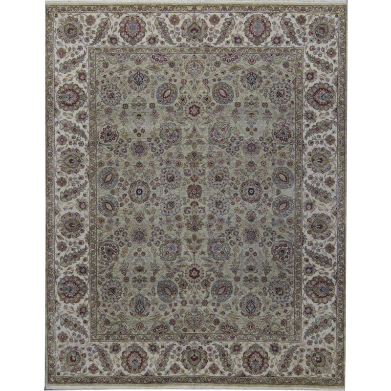 Tapis vert clair et multicolore noué à la main de haute qualité