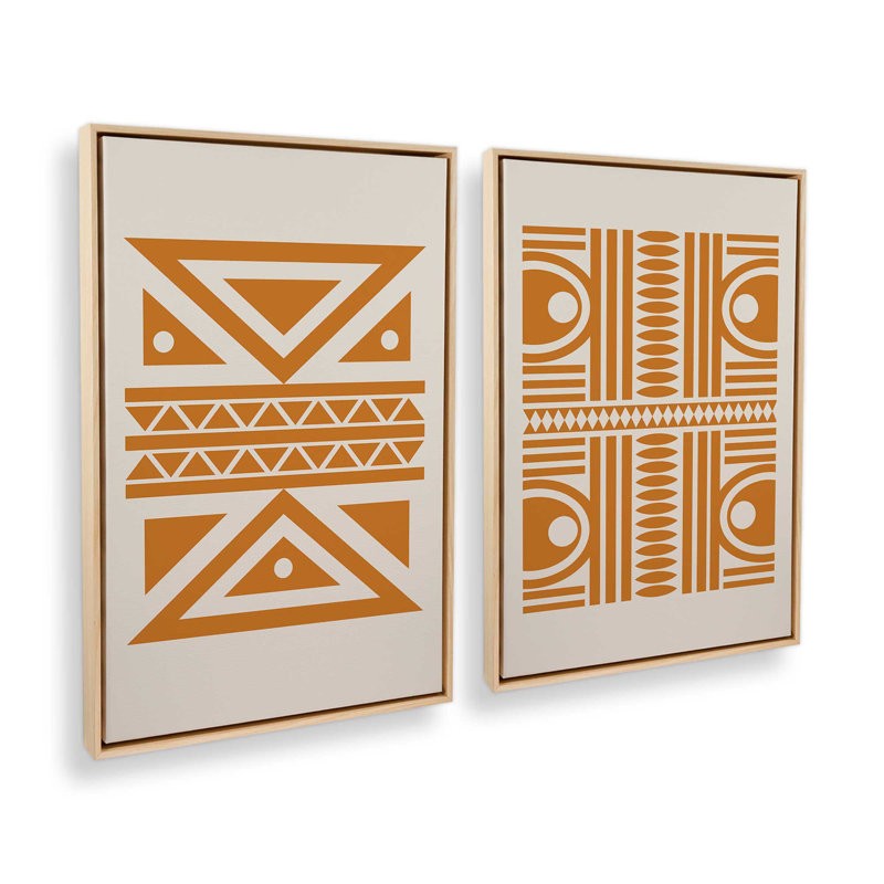 Ensemble de 2 motifs tribaux modernes en orange, Cadre américain en érable flottant, H 19 po x l 26 po