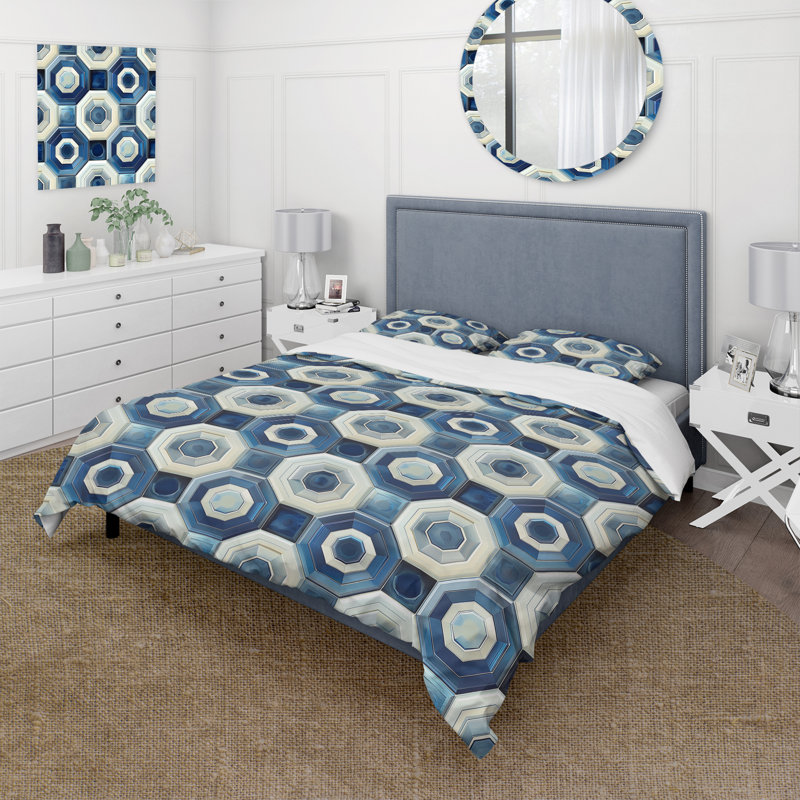 Ensemble de housse de couette bleu blanc Midcentury II - Midcentury, Housse de couette pour grand lit + 2 taies décora