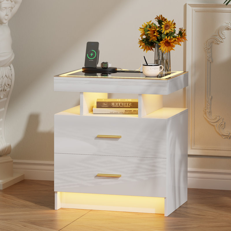 Modern Led Nightstand With Wireless Charging, Usb Ports, And Auto-sensing Light – Smart Bedside Table With Storage Drawers