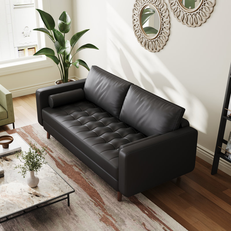 Statura Faux Leather Upholstered Mid-Century Reception 69.69'' Square Arm Sofa, Black