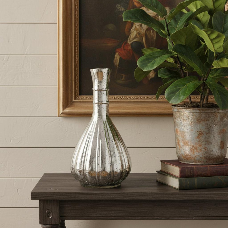 10" Antiqued Silver Glass Round Table Vase