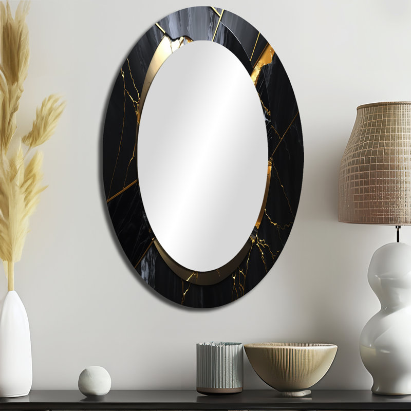 Abstrait Geode Gold III - Grand miroir mural ovale sur métal, 36 po x 24 po