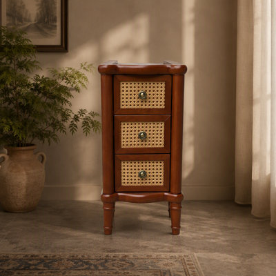 Table de bout, table de bout étroite en rotin avec 3 tiroirs, table de chevet en bois massif, table de chevet pour salon, chambre à coucher, bureau, salle de bain