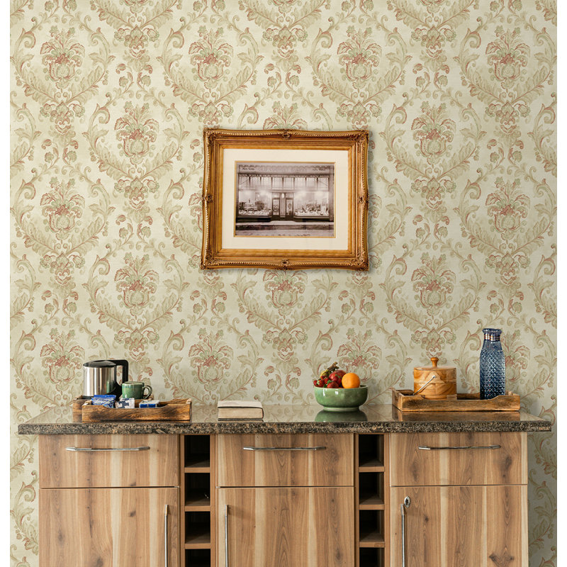 Seabrook Designs Tuileries Damask Unpasted Wallpaper, Metallic Parchment/Strawberry
