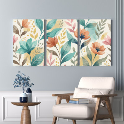 Motif floral avec fleurs bleu sarcelle et pêche sur toile tendue, ensemble de 3 reproductions de peintures à l'huile pour salon