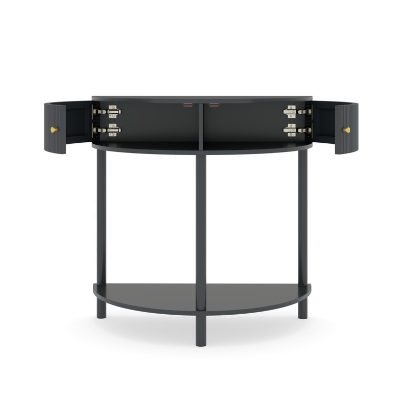 Artisan-Crafted Wave-Pattern Demi-Lune Console Table With Dark Gray Finish,Unique Half Moon Design End Table With 2 Storage Drawers And Bottom Shelf For Living Room, Bedroom, Study, Hallway