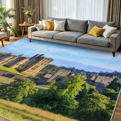 Blue Machine Washable,Castle and Home English of Border Indoor Area Rug