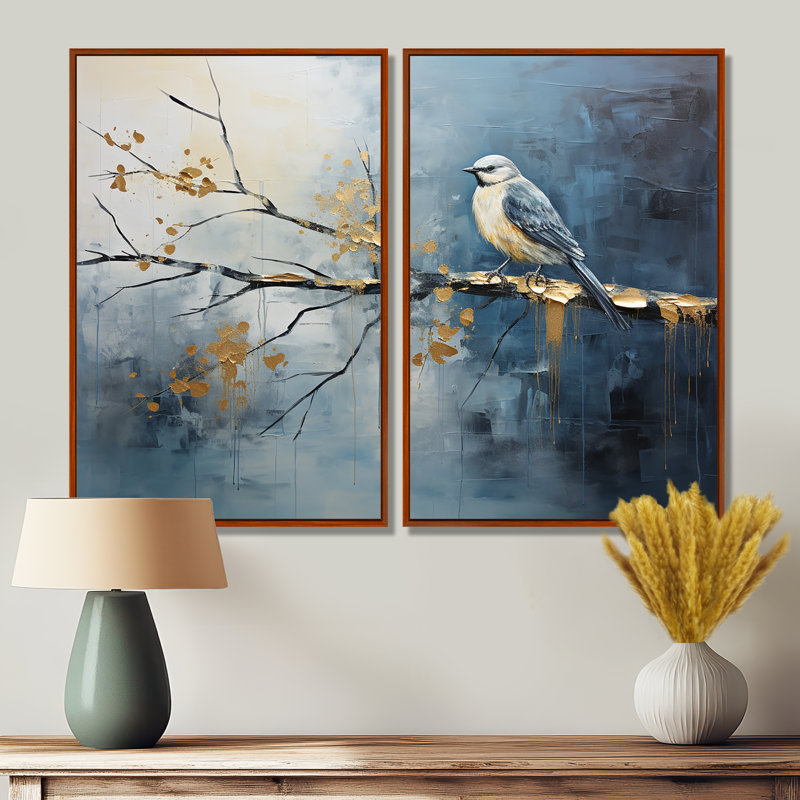 Oiseau doré et bleu au printemps - Art mural traditionnel, H 36 po x l 48 po, Reproduction encadrée sans passe-partout, Brun