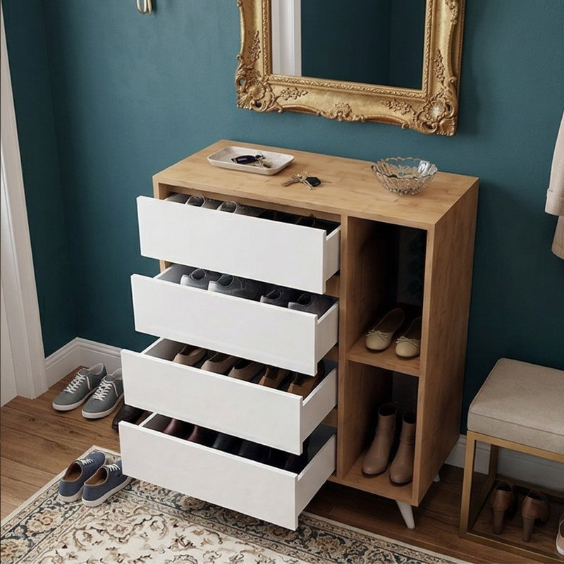 Finnick 34'' Tall 4-Drawer Accent Cabinet with Open Shelving