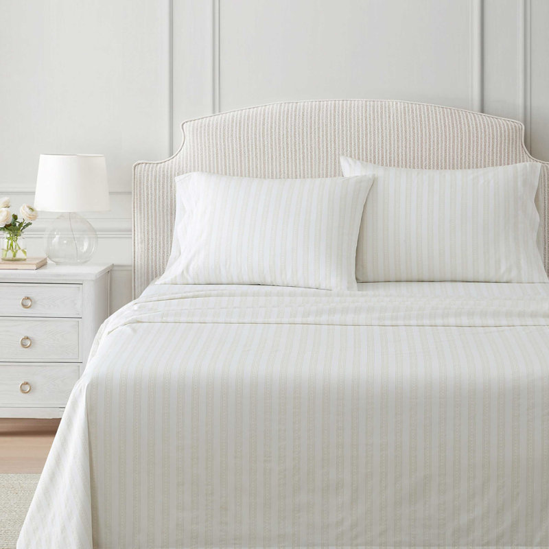Ensemble de draps en coton percale Martha Stewart, Ensemble de draps pour très grand lit avec 2 taie, Francesca Stripe Beige