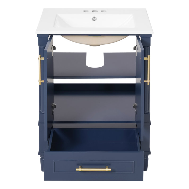 Meuble-lavabo moderne de 24 po avec motif orné et charnières à fermeture en douceur, armoire de salle de bain avec tiroir et structure ouverte à l'arrière, pieds cylindriques français sculptés