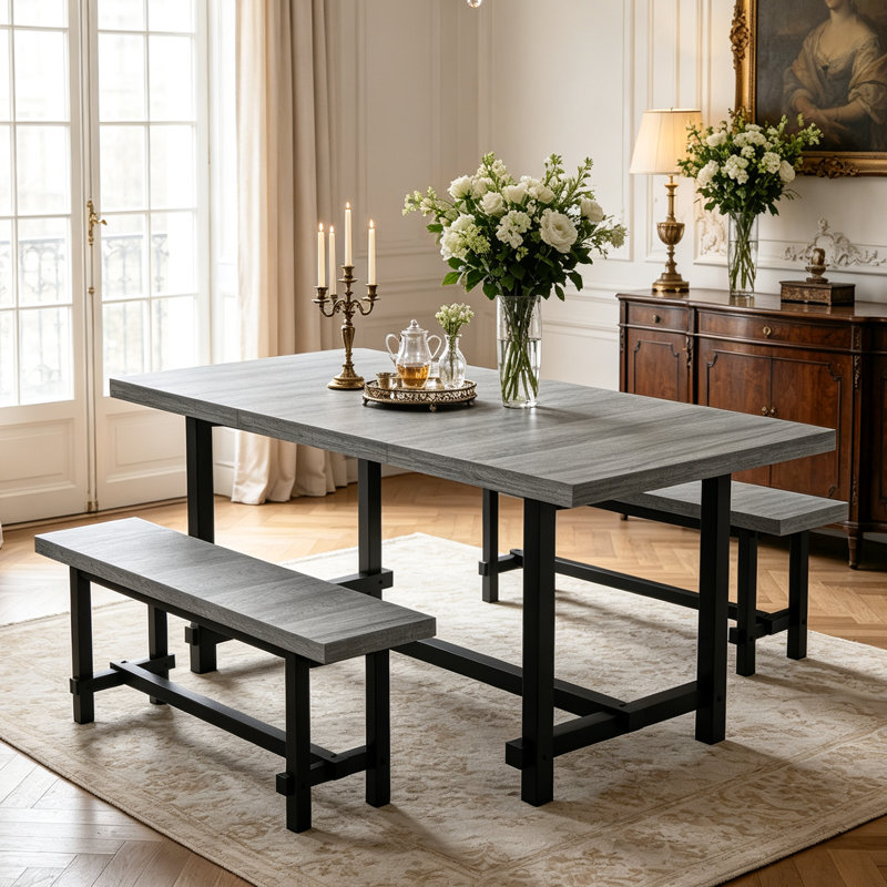 Ensemble de salle à manger industriel 7 pièces pour 6 personnes, grande table de cuisine de 180 cm (70,9 po) avec 6 chaises rembourrées à dossier incurvé