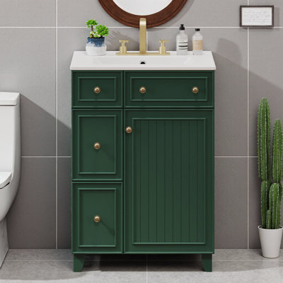 Meuble-lavabo transitionnel vert 24 po avec lavabo en céramique et tiroirs de rangement